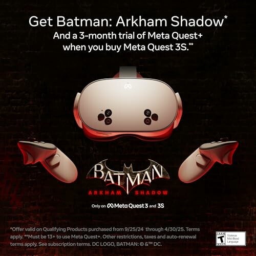 Promotion for Batman: Arkham Shadow with Meta Quest 3 and 3S. Includes 3-month trial of Meta Quest+