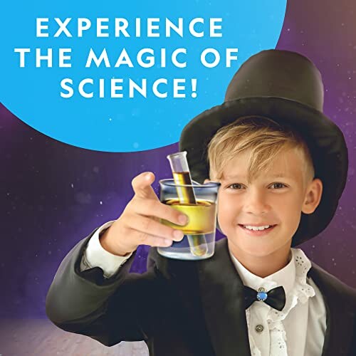 Boy in magician costume holding science experiment.