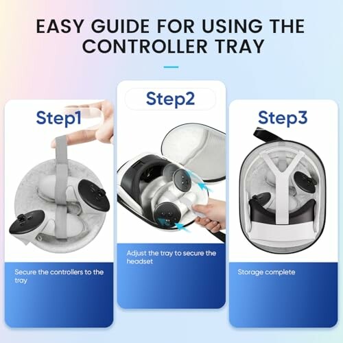 Three-step guide for using the controller tray with VR headset.