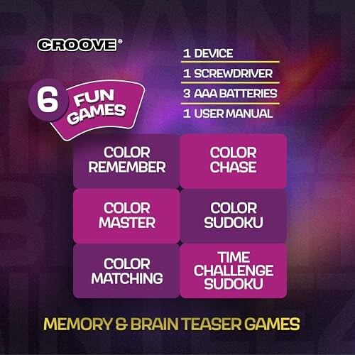 Croove 6 fun games list with device and accessories.