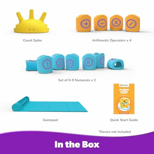 Contents of an educational toy kit including a count spike, arithmetic operators, numerals, gamepad, and quick start guide.