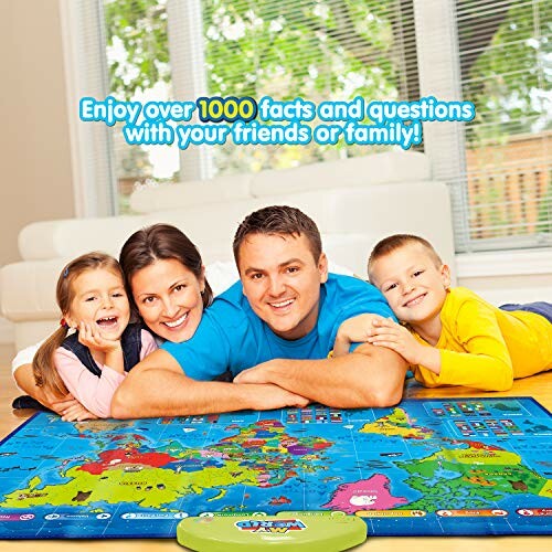 Family playing educational board game on floor