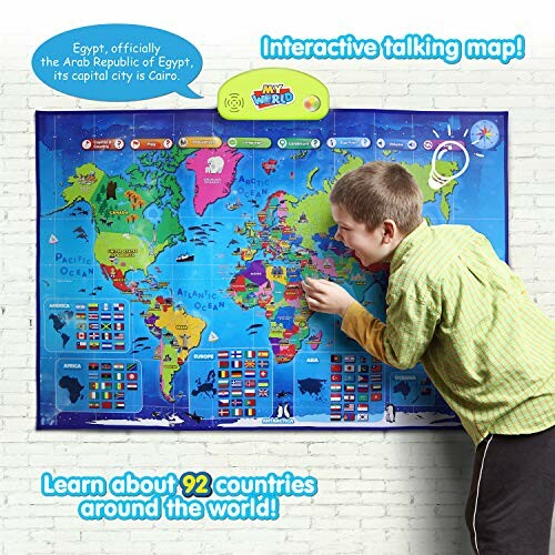 Child using an interactive talking map of the world.