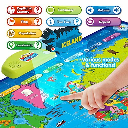 Interactive world map for kids with various modes and functions.