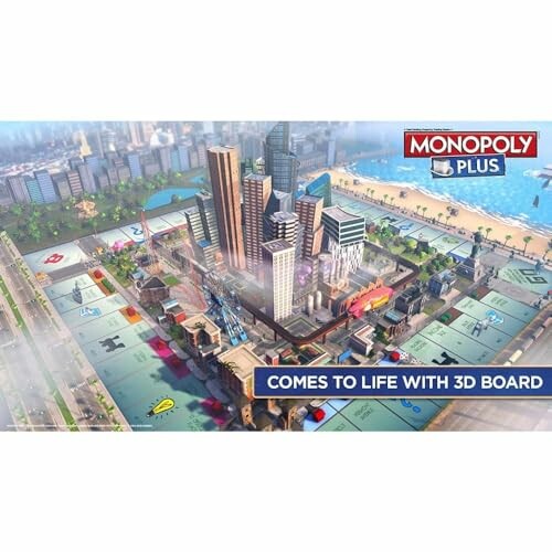 Monopoly Plus 3D board game illustration with cityscape.