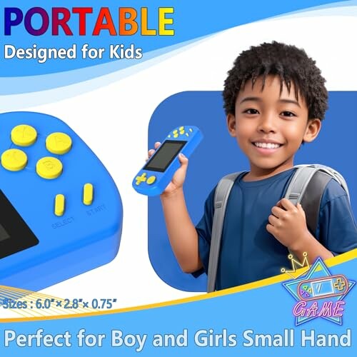 Child holding a blue portable handheld game console.