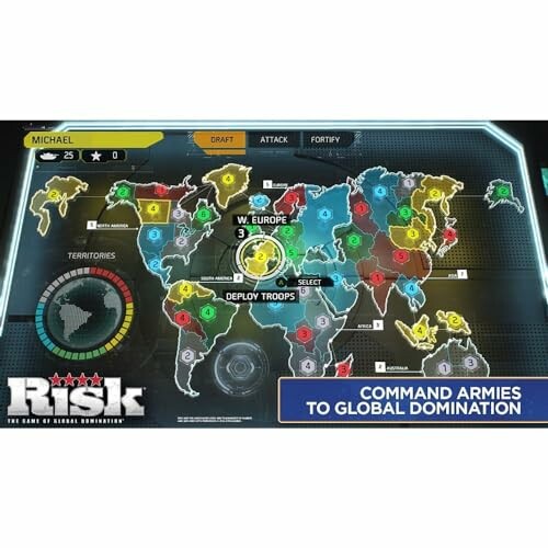 Risk board game map with territories and troop deployment options.