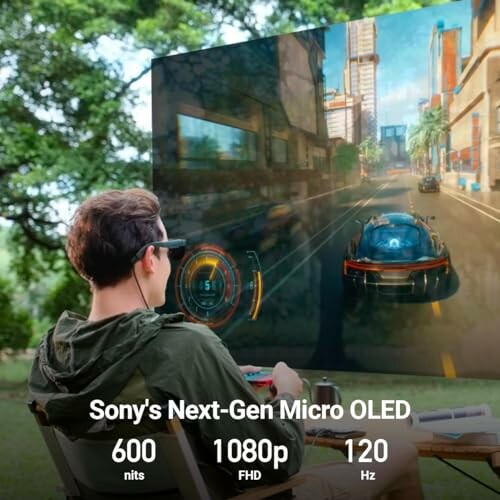 Person using Sony's next-gen Micro OLED for immersive gaming outdoors.