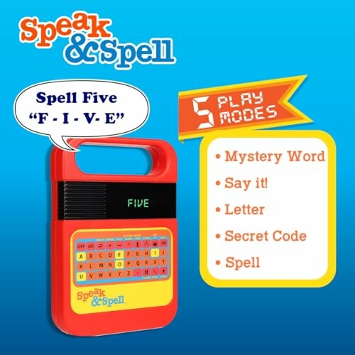 Retro Speak and Spell toy with play modes listed.