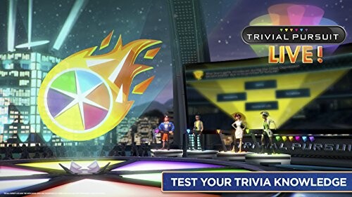 Trivial Pursuit Live game interface with characters on a futuristic stage.