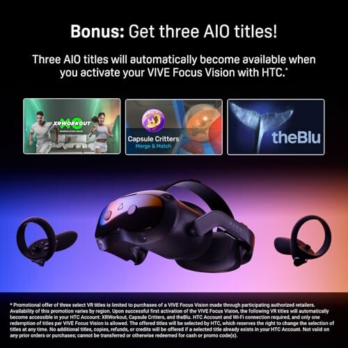 VIVE Focus Vision bonus offer with three VR titles: XR Workout, Capsule Critters, and theBlu.