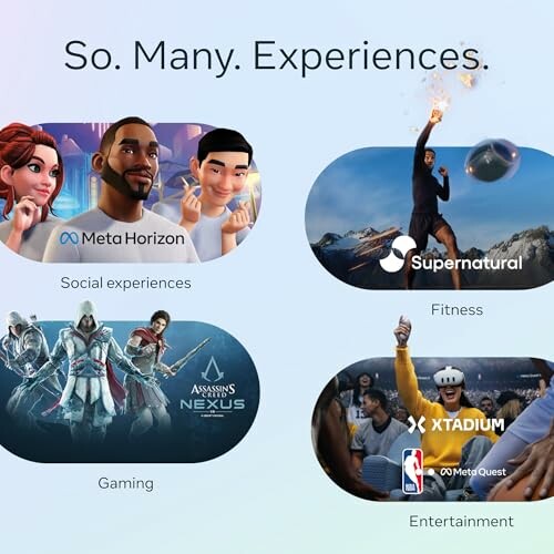 Collage of VR experiences: Meta Horizon for social, Supernatural for fitness, Assassin's Nexus for gaming, and XTadium for entertainment.