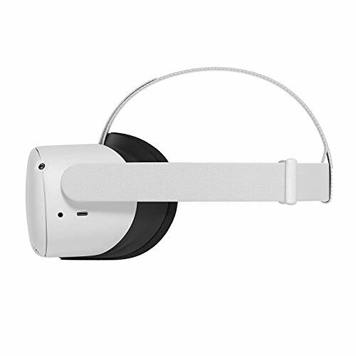 Side view of a VR headset with white strap