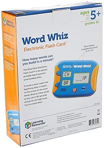 Word Whiz Electronic Flash Card packaging with age recommendation 5+ and educational details.